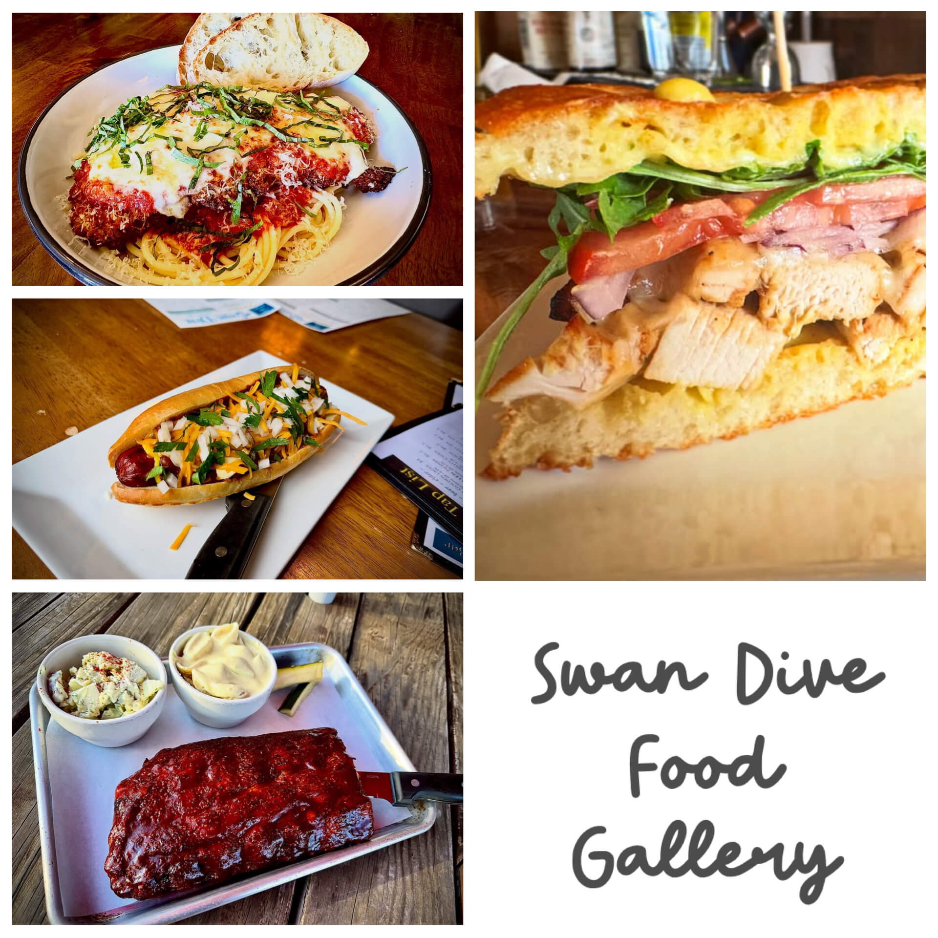 A collage of four food dishes including chicken parmesan over spaghetti, a grilled chicken sandwich on focaccia, a hot dog topped with cheese and onions, and a rack of BBQ ribs with two sides.