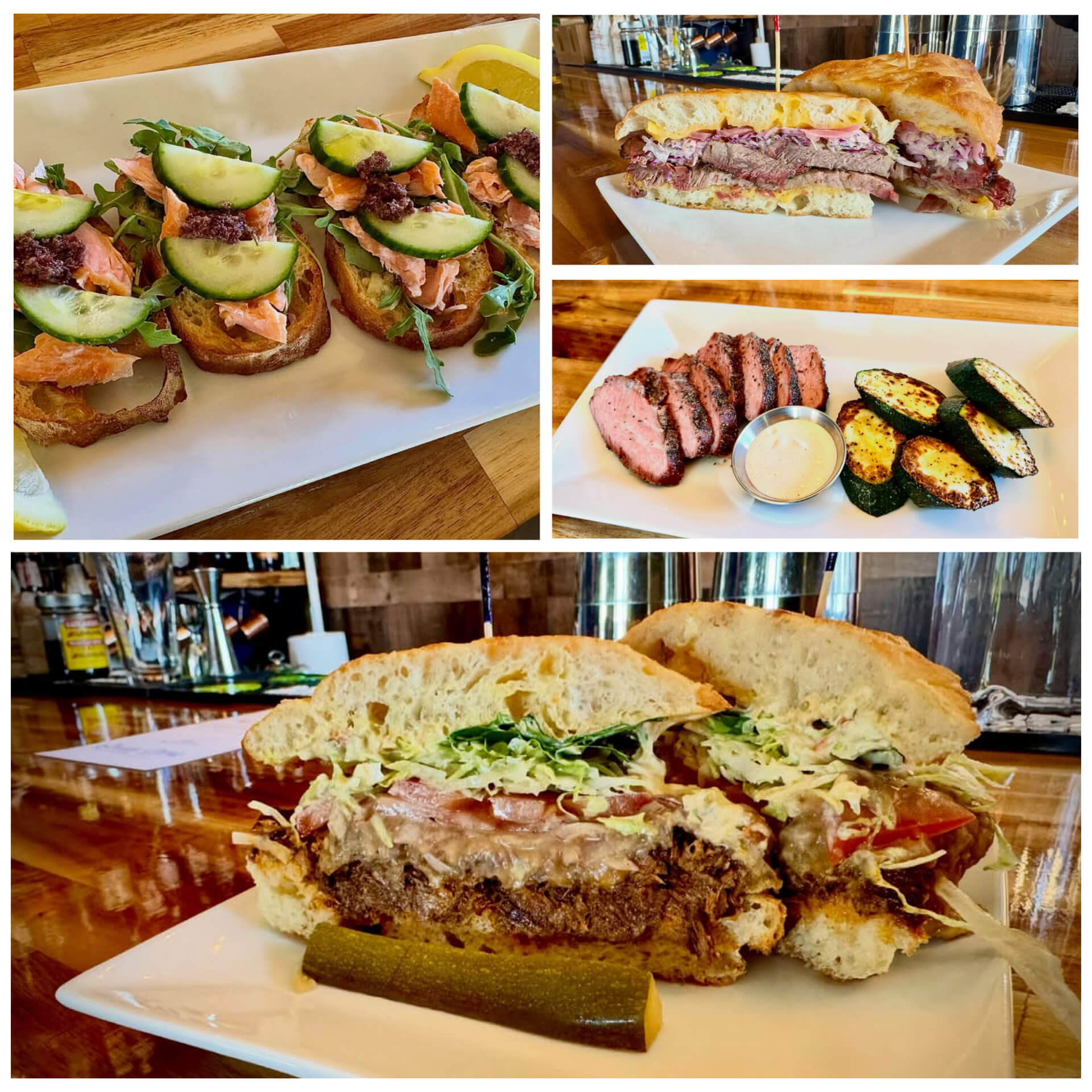 A collage of four dishes showing smoked salmon and cucumber crostini, a sliced brisket sandwich with slaw, sliced steak with grilled zucchini, and a massive shredded meat sandwich with lettuce and tomato on focaccia.