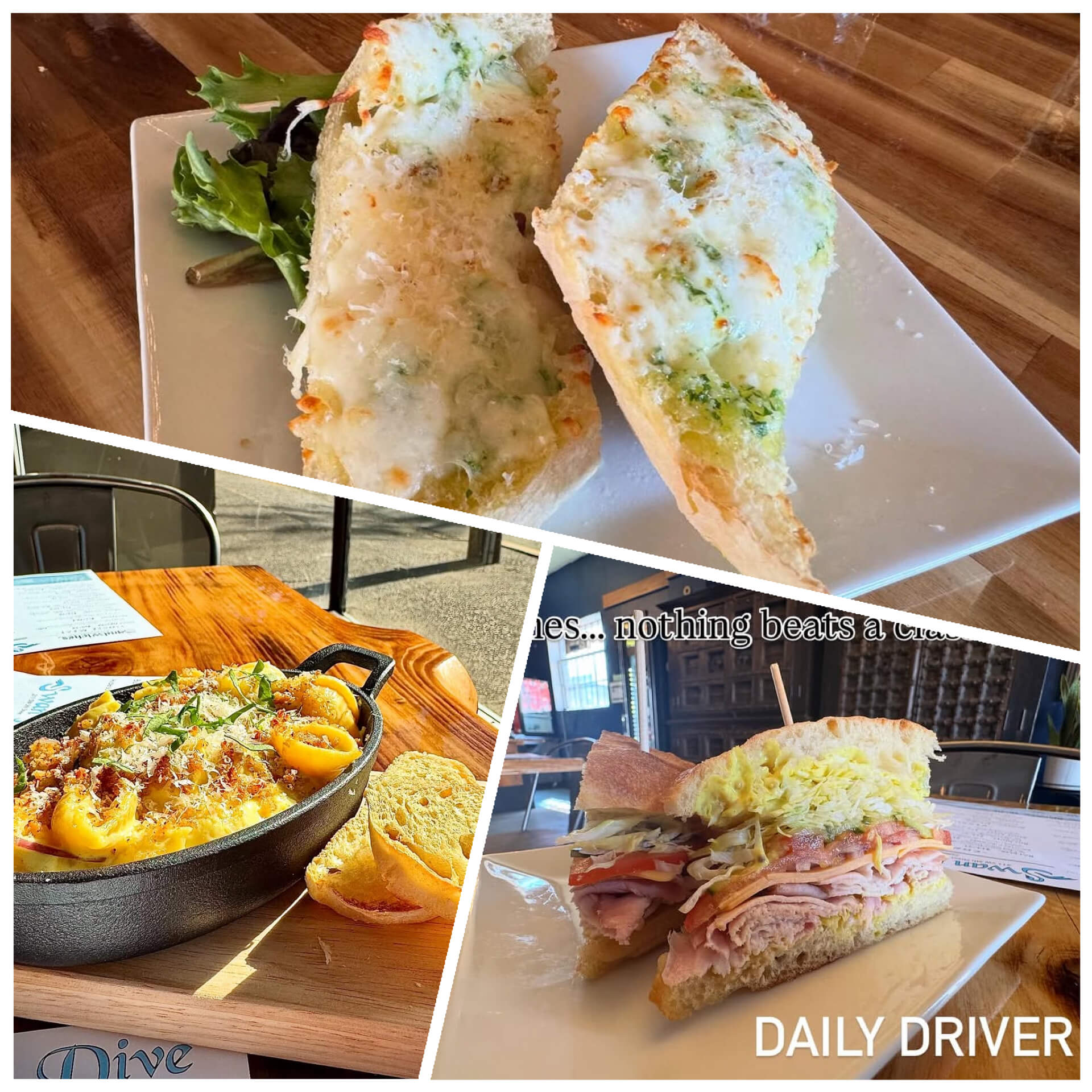 A collage of three dishes featuring thick slices of cheesy garlic bread, macaroni and cheese in a mini cast-iron skillet, and a stacked deli meat sandwich labeled DAILY DRIVER.